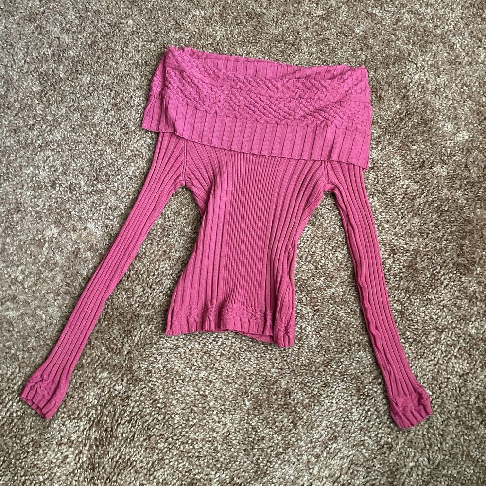 Weathervane Y2K Off Shoulder Pink Ribbed Sweater M Mean Girls Barbie Cowl Tight